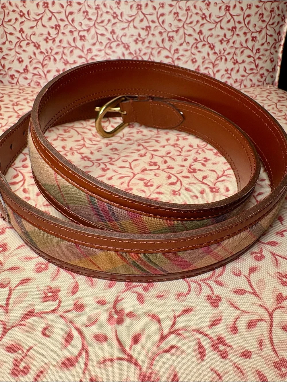 J. Crew Muted Plaid Inlay Brown Leather Belt